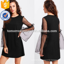 Black Contrast Mesh Sleeve Frilled Detail Dress OEM/ODM Manufacture Wholesale Fashion Women Apparel (TA7106D)